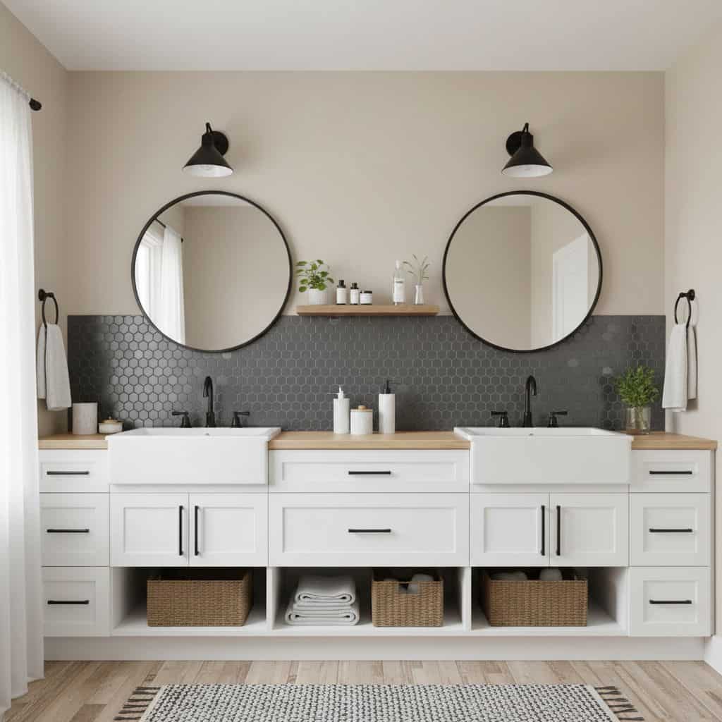 Bright white bathroom vanity with black hardware, two round mirrors, and black wall-mounted lights. Features a wooden counter.