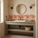 Bright peach geometric wall tiles with textured surface for bathroom decor.