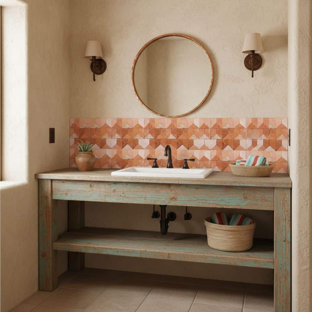 Bright peach geometric wall tiles with textured surface for bathroom decor.