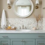 Bright beige and cream mosaic tile wall with textured surface.