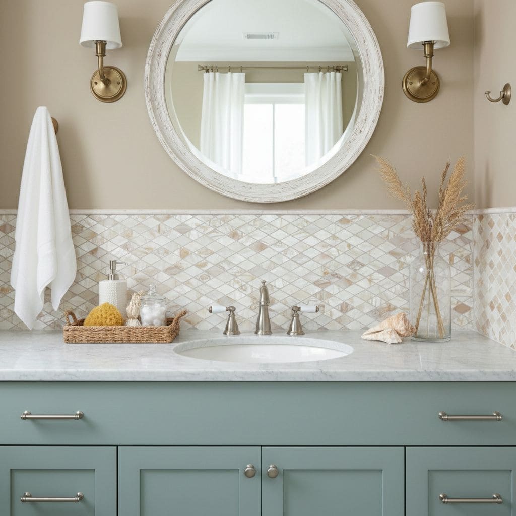 Bright beige and cream mosaic tile wall with textured surface.
