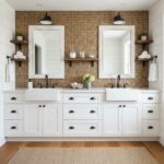 Brown mosaic tile wall with textured surface behind a white double vanity with black hardware, framed mirrors, and decorative.