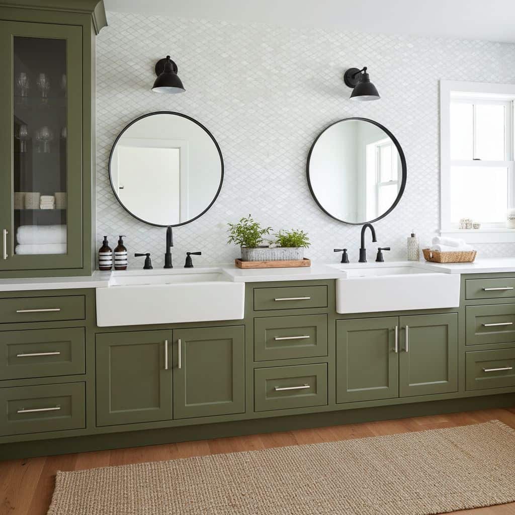 Green bathroom vanity with double sinks, round mirrors, and wall-mounted black light fixtures.