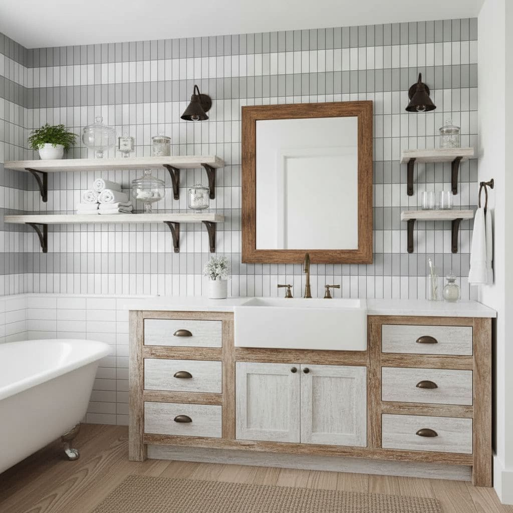 Bright bathroom vanity with white ceramic sink, wooden cabinet, and open shelving, featuring a large mirror and wall-mounted.