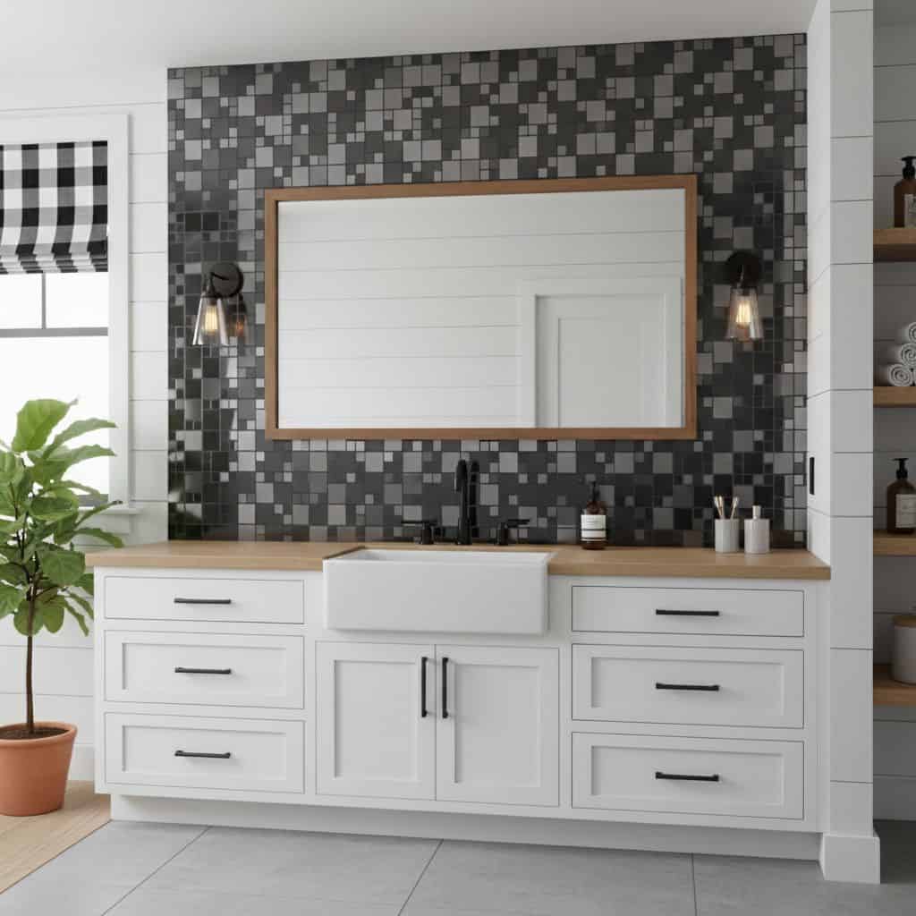 Black, gray, and white mosaic tile wall with textured surface.