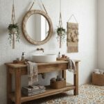 A bathroom vanity with a natural wood finish, textured white tile wall, and patterned tile flooring. The space features a rou.