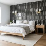 Black geometric textured wall tile with matte finish, creating a contemporary and stylish bedroom accent wall.
