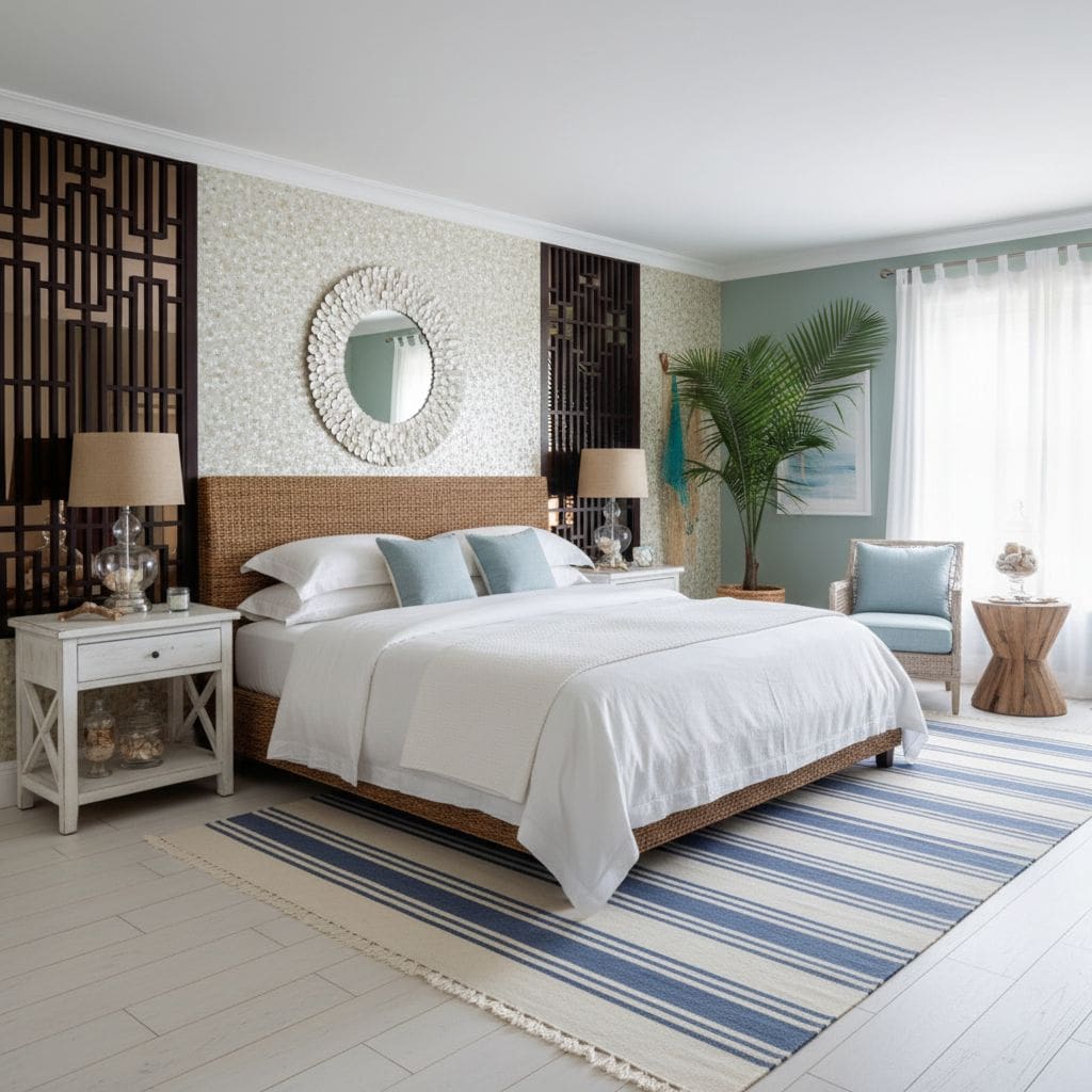 Bright, airy room with a coastal theme, featuring a large bed, white and blue accents, and tropical plants.