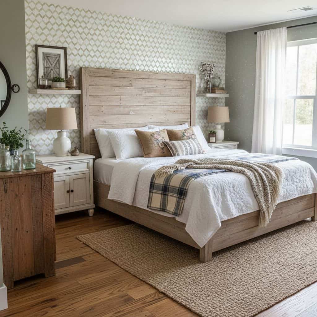 Bright bedroom featuring a rustic wooden bed frame with white bedding and plaid accents, complemented by neutral decor and na.