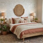 A cozy bedroom featuring textured, mosaic wall tiles, warm-toned bedding, and ambient lighting creating a relaxing atmosphere.