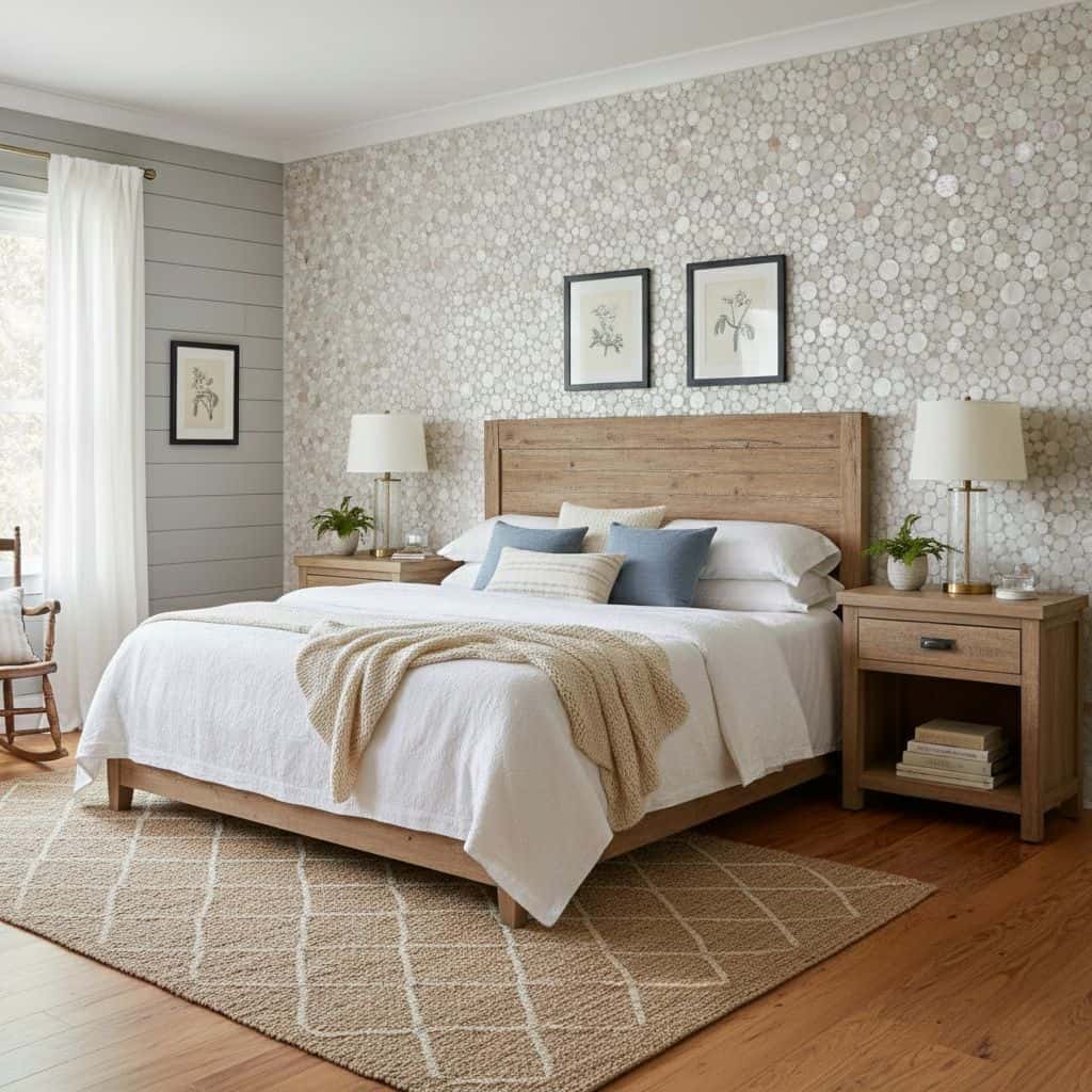 Bright hexagon patterned wall tiles in soft neutral tones.
