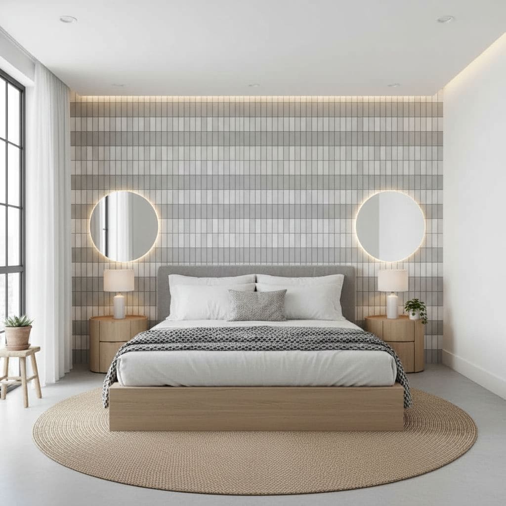Modern bedroom wall tiles in neutral tones with a textured finish, creating a calm and stylish ambiance.