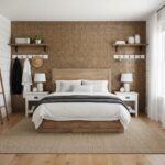 Textured mosaic brown tile wall behind the bed with a warm, earthy appearance.