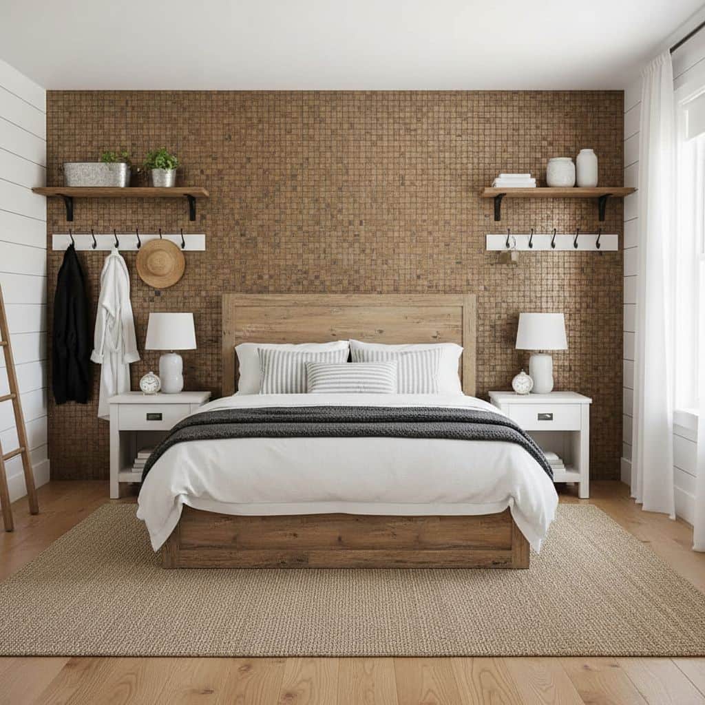 Textured mosaic brown tile wall behind the bed with a warm, earthy appearance.