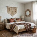 A cozy bedroom featuring a textured white brick wall, vibrant cushions, and a woven wall hanging, creating a warm and invitin.