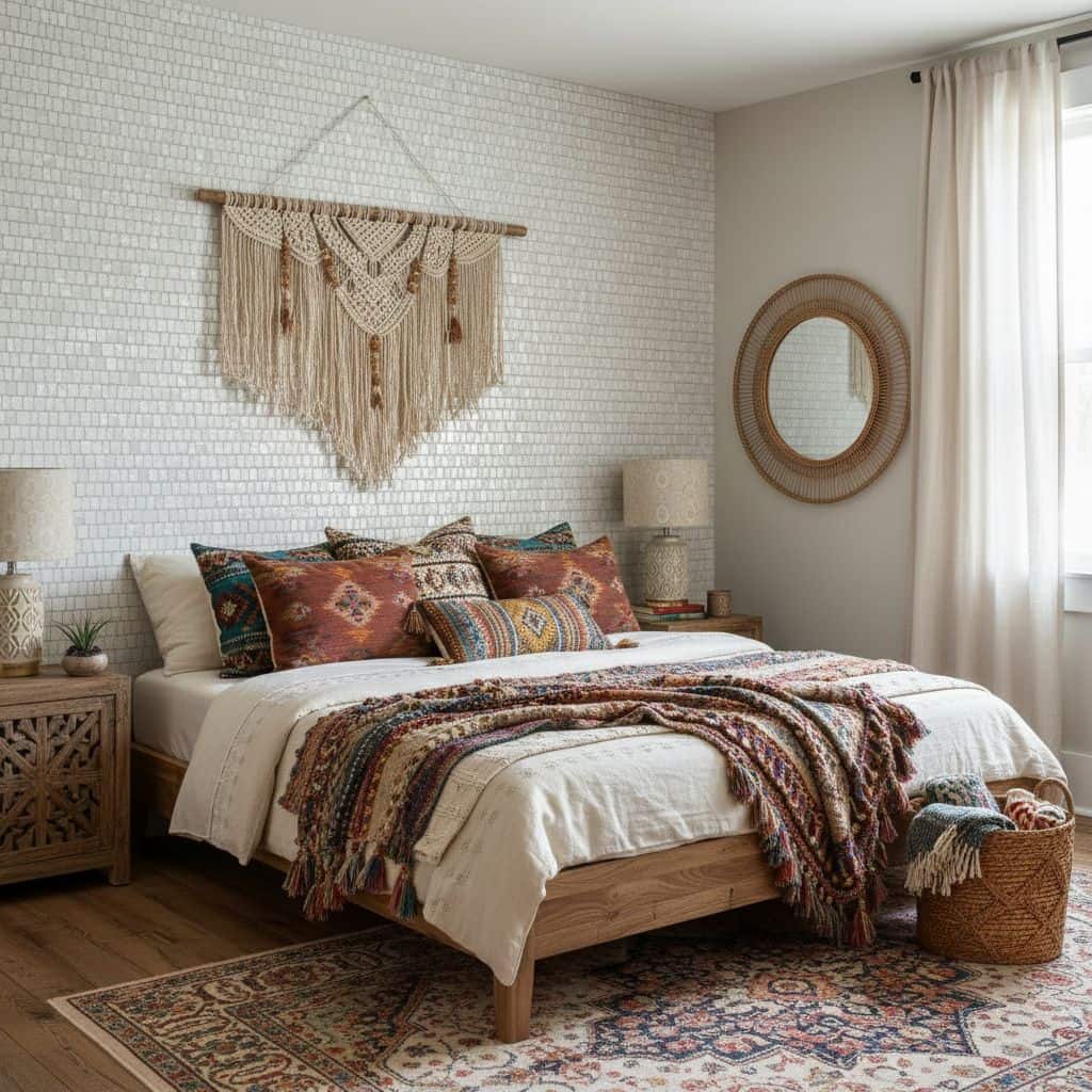 A cozy bedroom featuring a textured white brick wall, vibrant cushions, and a woven wall hanging, creating a warm and invitin.