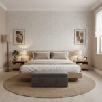 Neutral beige textured mosaic wall tile, adds subtle pattern and depth to bedroom decor.