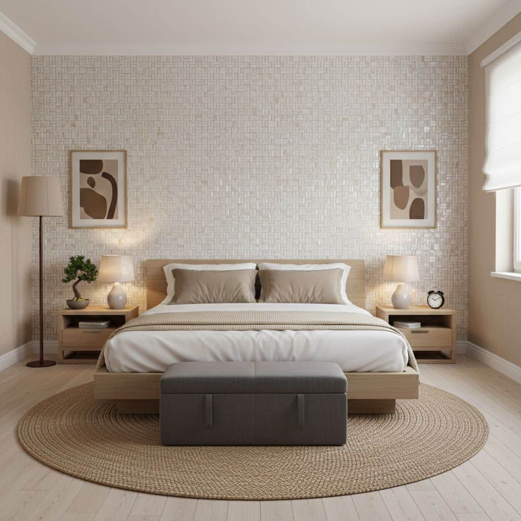 Neutral beige textured mosaic wall tile, adds subtle pattern and depth to bedroom decor.