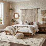 Neutral beige and cream textured wall tiles, soft woven textiles, and natural wood accents create a cozy, bohemian bedroom am.