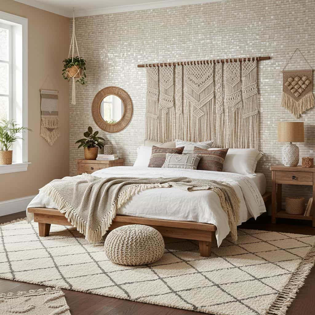 Neutral beige and cream textured wall tiles, soft woven textiles, and natural wood accents create a cozy, bohemian bedroom am.