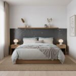 Bright bedroom featuring a dark gray hexagon tile backsplash behind the bed, with light-colored bedding and minimalist decor.