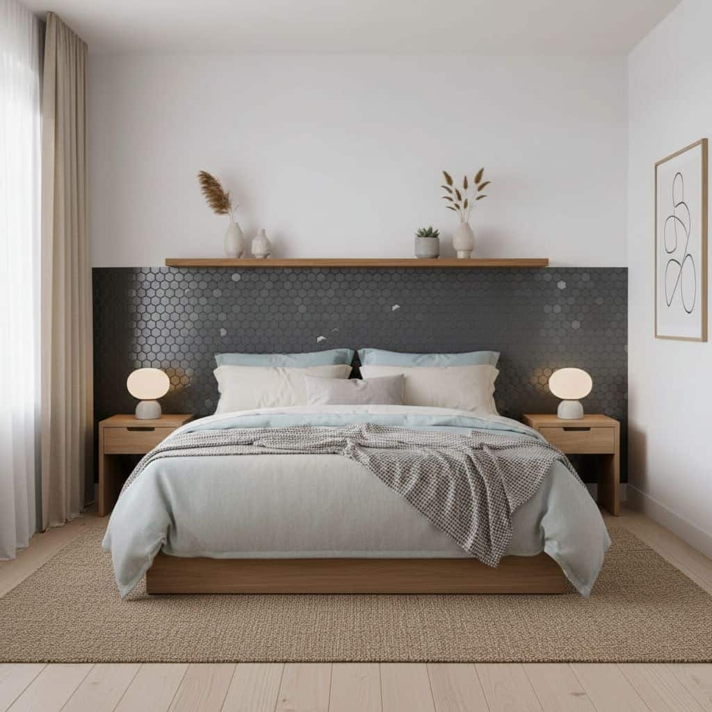 Bright bedroom featuring a dark gray hexagon tile backsplash behind the bed, with light-colored bedding and minimalist decor.