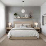 Gray brick wall tile with a textured surface, complementing a minimalist bedroom decor.