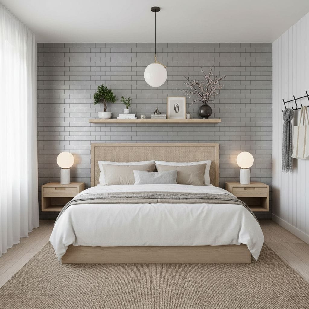Gray brick wall tile with a textured surface, complementing a minimalist bedroom decor.