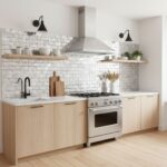 White brick tile wall with textured surface in modern kitchen.