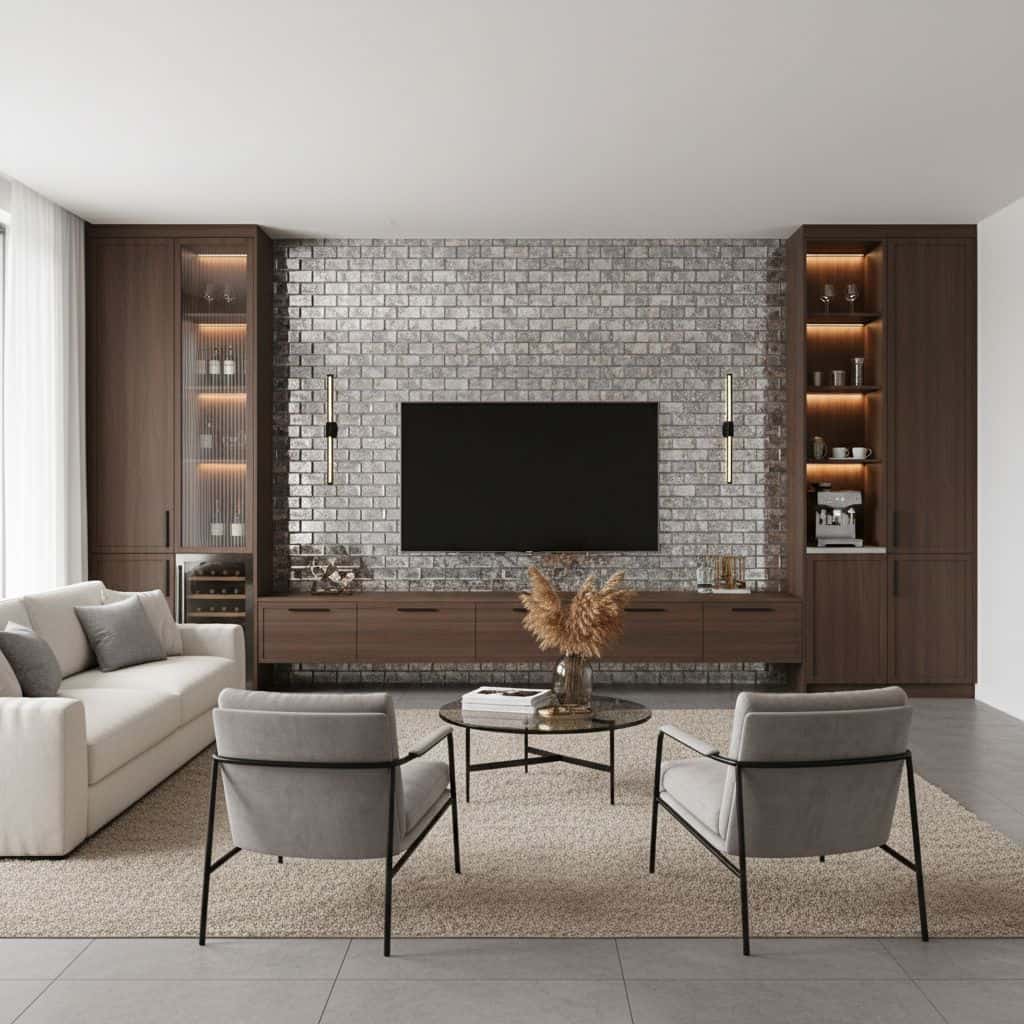 Gray brick wall with textured surface behind a mounted flat-screen TV.