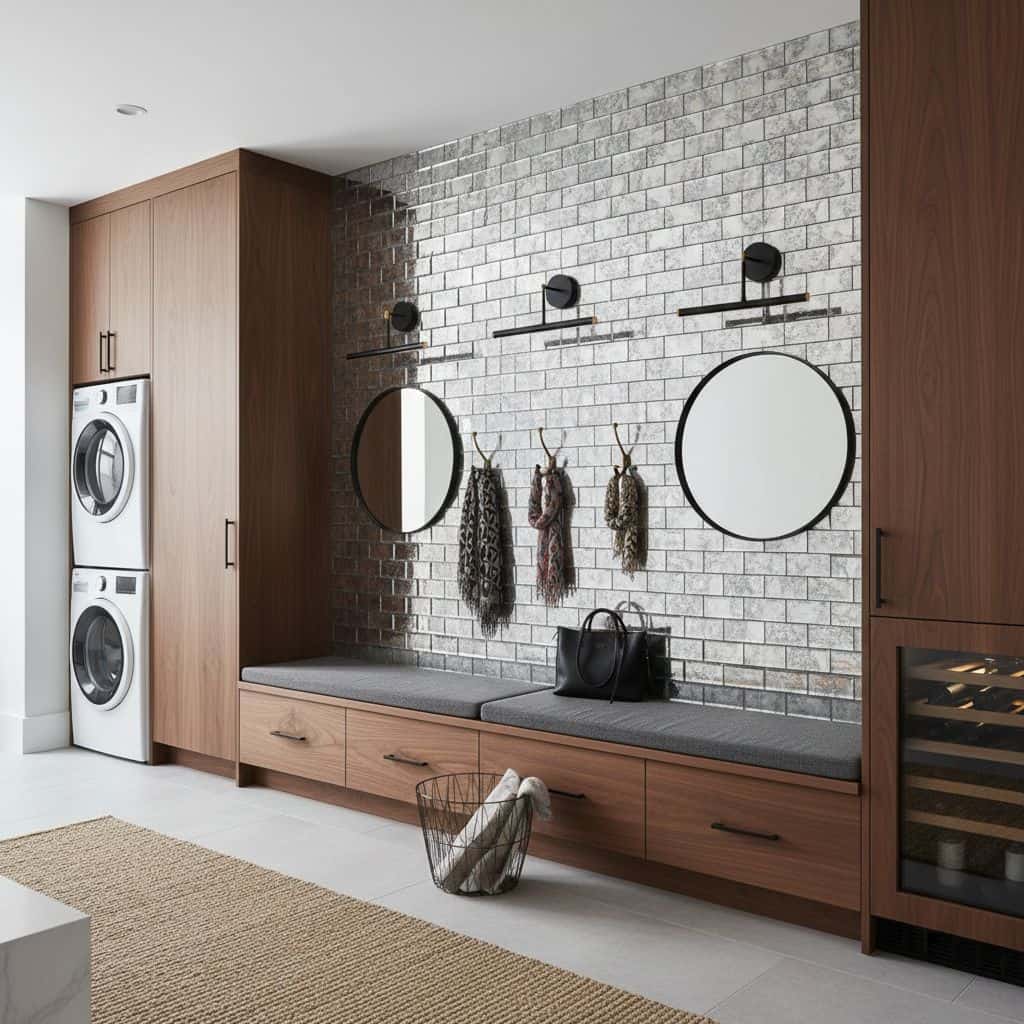 Gray brick wall tile with textured surface and modern round mirrors.