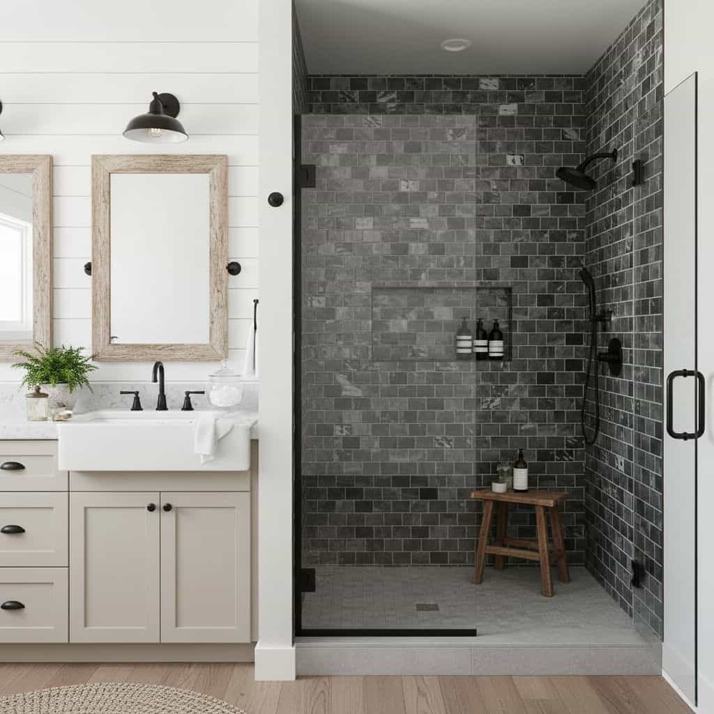 Gray textured tile with matte finish in shower area.