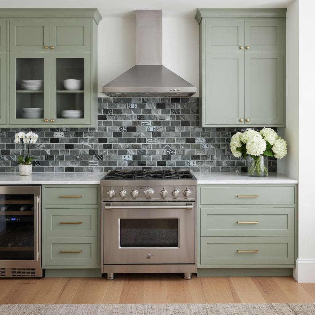 Mint green kitchen cabinets with gold handles, gray mosaic tile backsplash, and stainless steel oven.