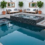 Black tile hot tub with sleek, textured surface and clean lines.