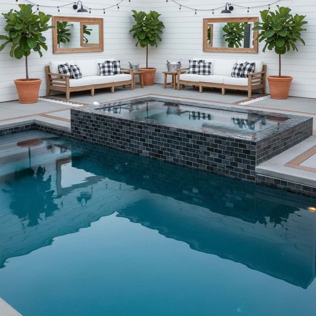 Black tile hot tub with sleek, textured surface and clean lines.