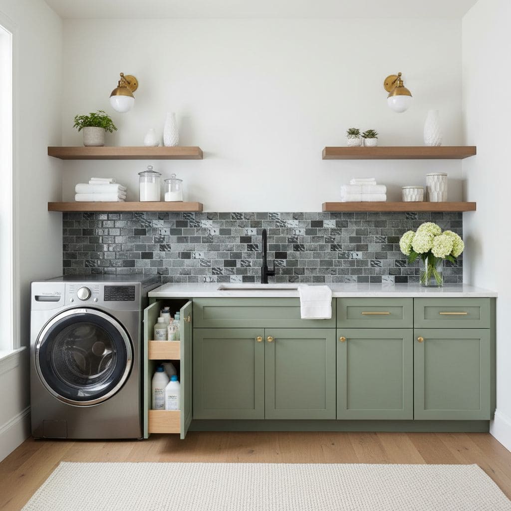 Laundry room with green cabinetry, grey tile backsplash, and wooden shelves, featuring a washing machine, white decor, and fr.