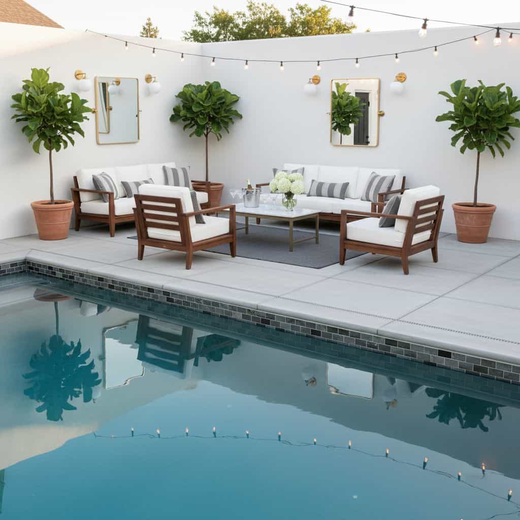 Outdoor patio tile with gray and white pattern, complemented by wooden furniture and greenery.