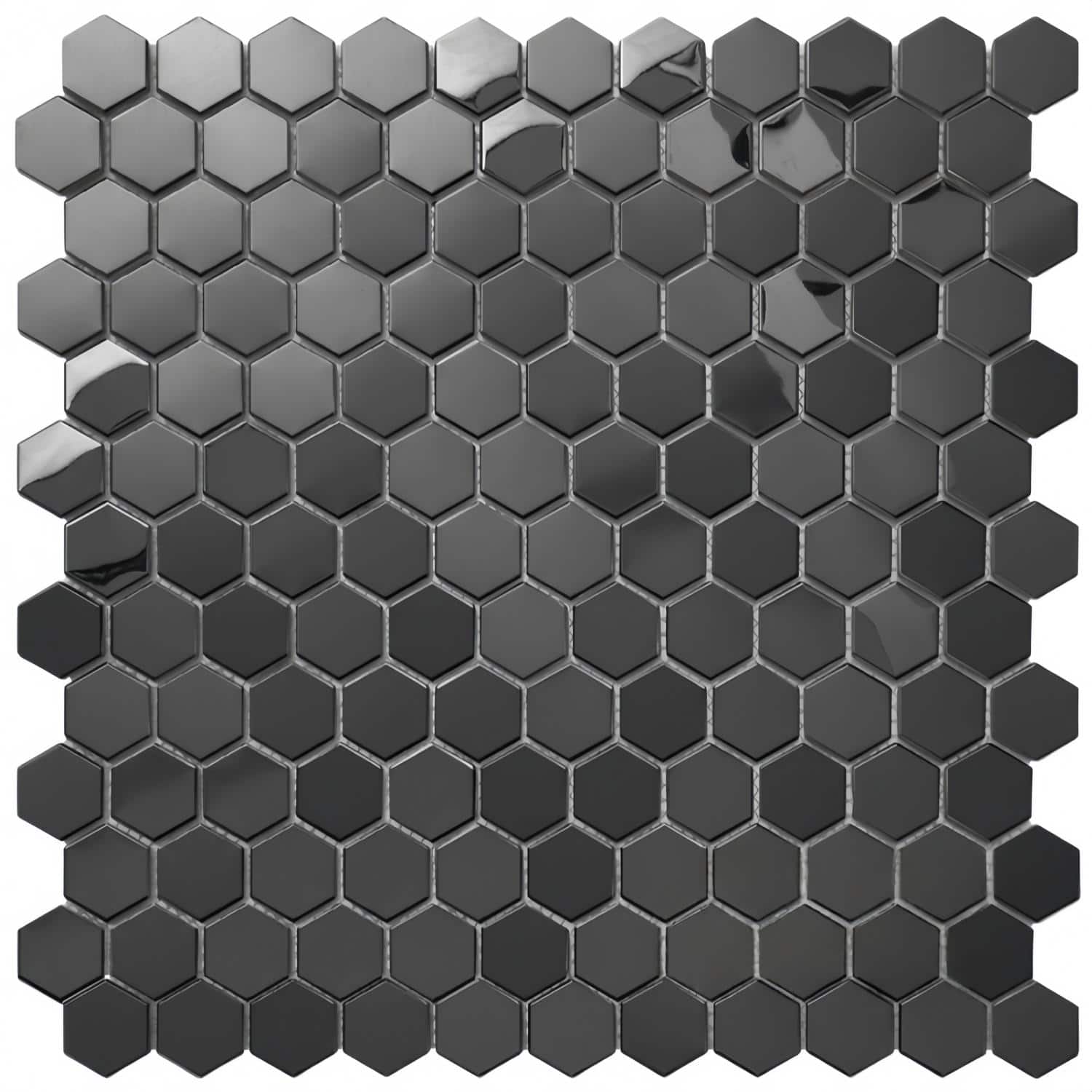 Black glossy hexagon tile with smooth texture, modern design for stylish interiors.