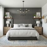 Gray textured ceramic tile on bedroom wall, adding modern elegance and depth to the space.