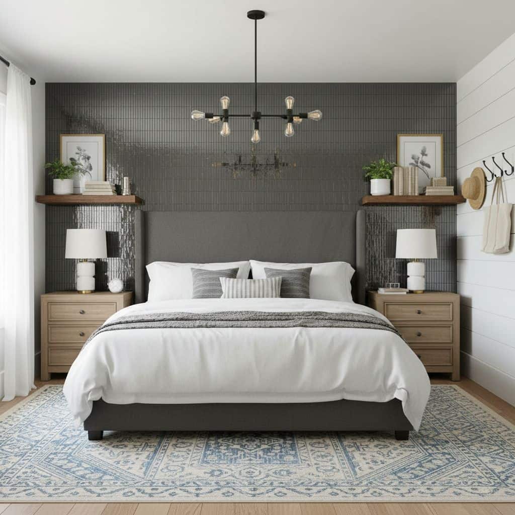 Gray textured ceramic tile on bedroom wall, adding modern elegance and depth to the space.