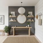 Black mosaic tile wall with wooden shelves, mirror, and decor in a contemporary entryway.
