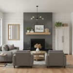 Gray tile fireplace with a sleek, textured surface and black accents, complemented by neutral-toned furniture and minimalist.