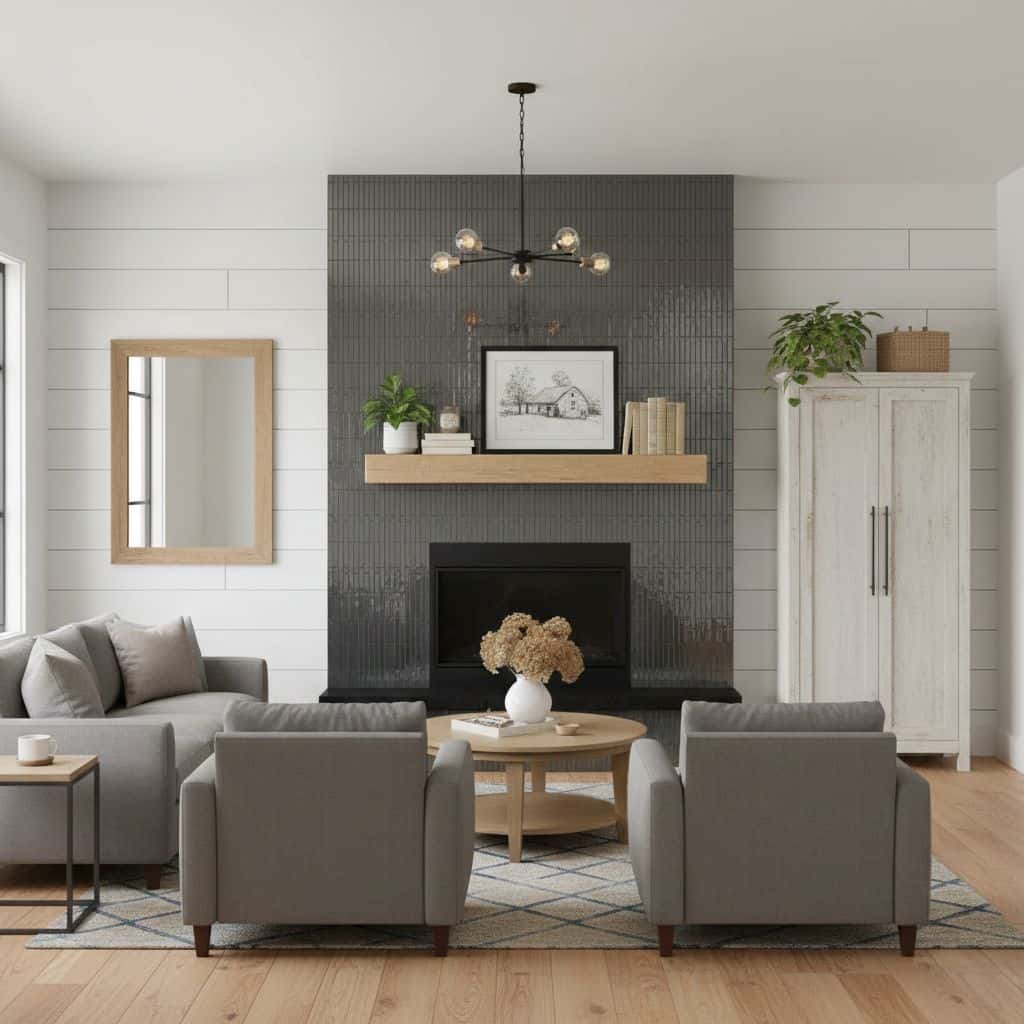 Gray tile fireplace with a sleek, textured surface and black accents, complemented by neutral-toned furniture and minimalist.