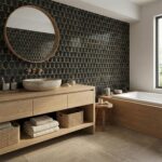 Black and gold geometric patterned tile with matte finish.