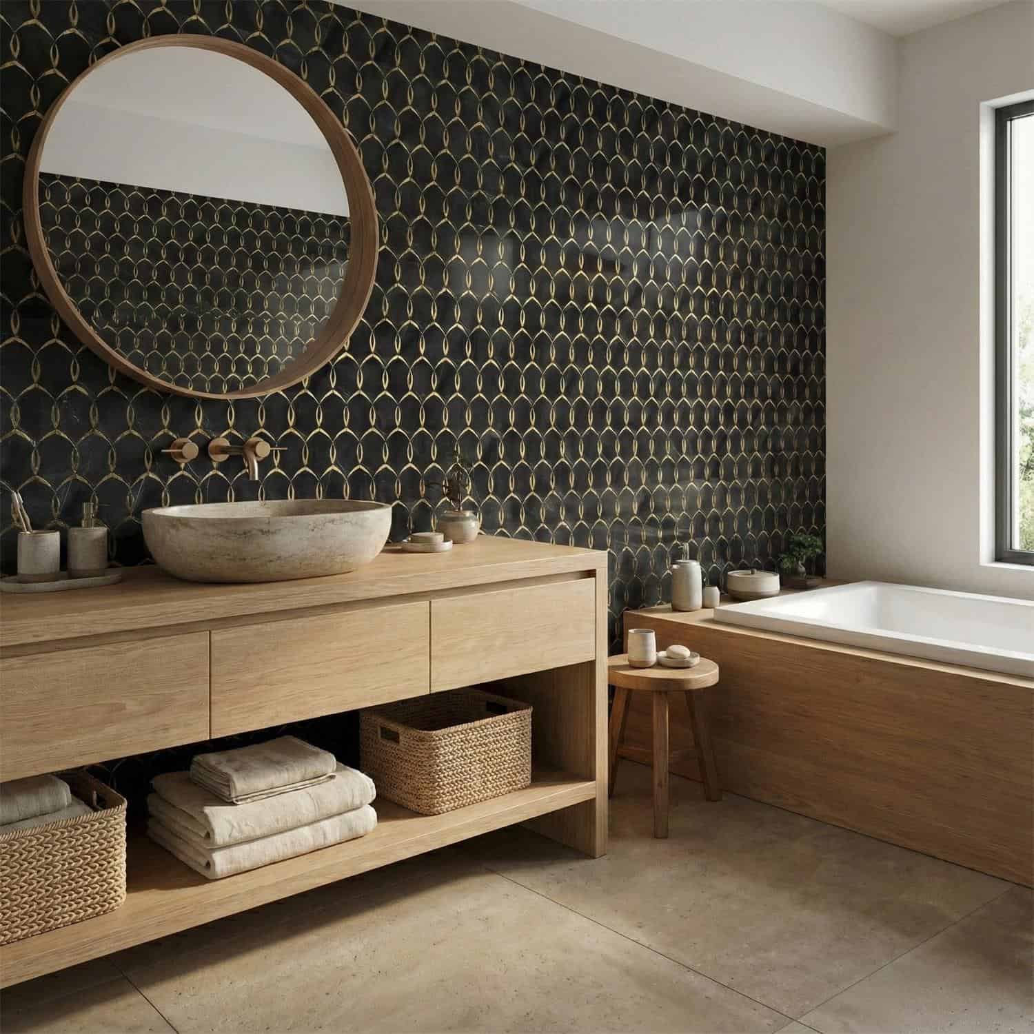 Black and gold geometric patterned tile with matte finish.