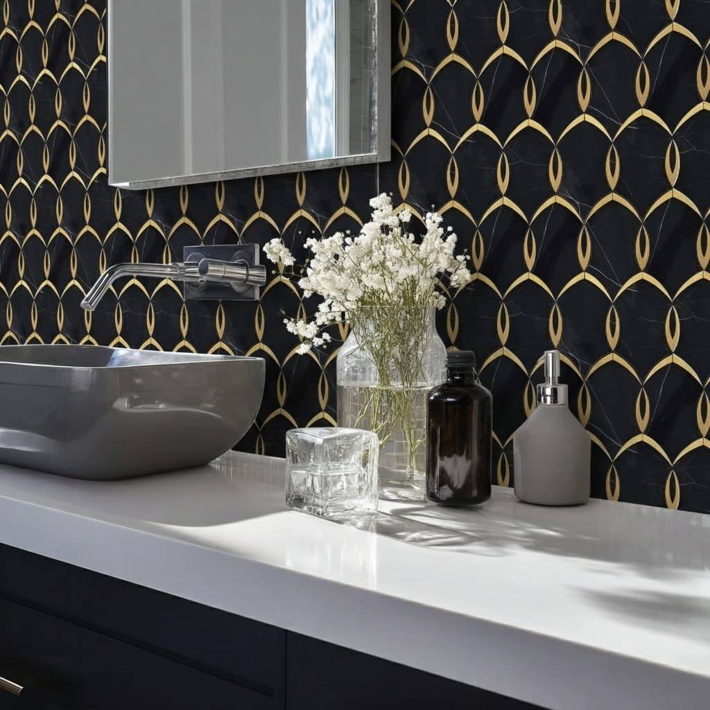 Elegant black tile with gold geometric pattern, textured surface, and sleek design.