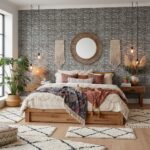 Warm earthy tones with textured stone wall.