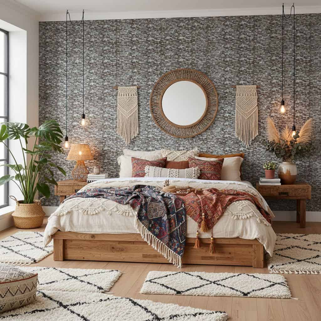 Warm earthy tones with textured stone wall.