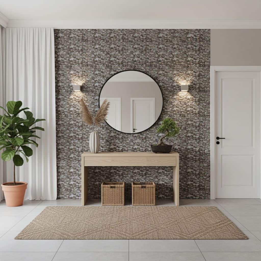Stone tile wall with textured, natural gray tones, complemented by a sleek beige console table and decorative accents.