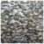 Reflective mosaic tile in beige, gray, and metallic tones with a textured, shiny surface.